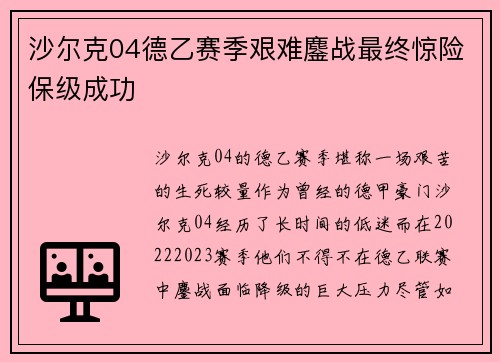 沙尔克04德乙赛季艰难鏖战最终惊险保级成功 沙尔克04德乙赛季艰难鏖战最终惊险保级成功