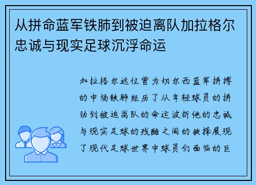 从拼命蓝军铁肺到被迫离队加拉格尔忠诚与现实足球沉浮命运 从拼命蓝军铁肺到被迫离队加拉格尔忠诚与现实足球沉浮命运